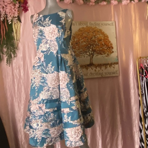 Adrianna Papell Jacquard Floral Print Fit Flared Midi Dress in Teal, Size 16. - Picture 4 of 4